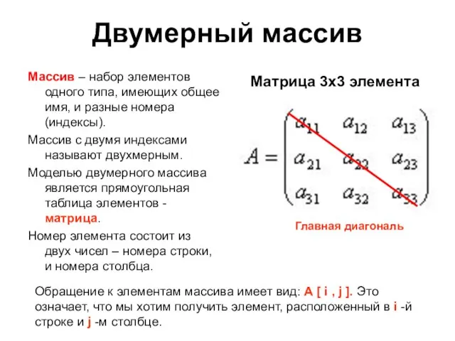 Двумерный массив Массив – набор элементов одного типа, имеющих общее имя, и