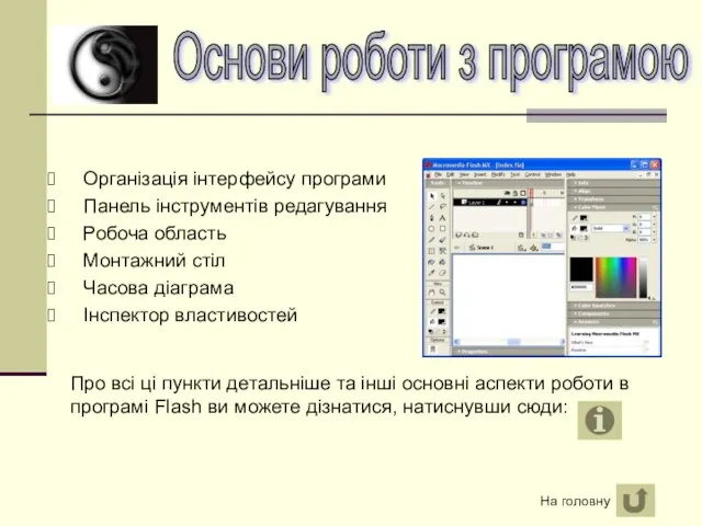 Основи роботи з програмою Організація інтерфейсу програми Панель інструментів редагування Робоча область