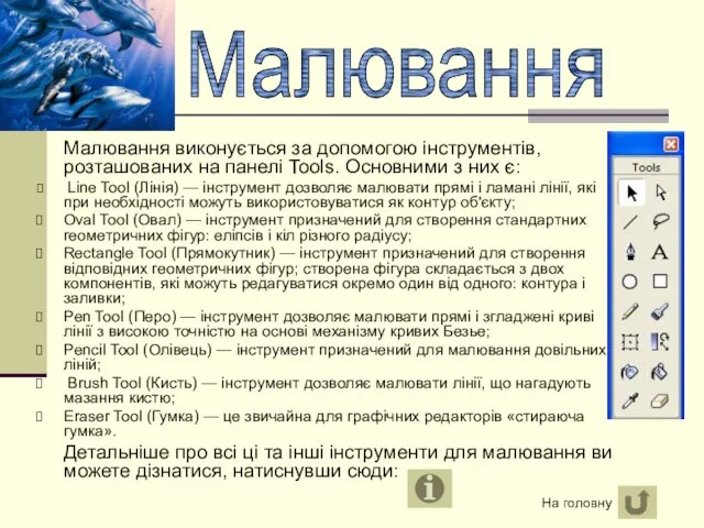 Малювання виконується за допомогою інструментів, розташованих на панелі Tools. Основними з них