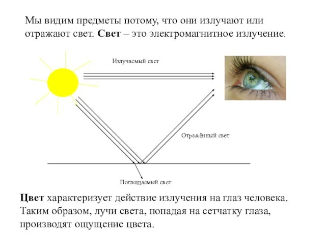 Мы видим предметы потому, что они излучают или отражают свет. Свет –