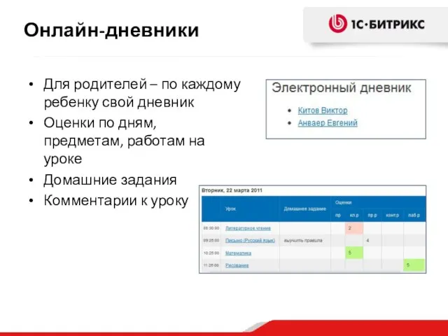 Для родителей – по каждому ребенку свой дневник Оценки по дням, предметам,