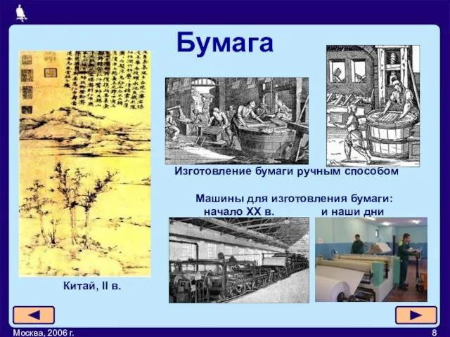 Москва, 2006 г. Изготовление бумаги ручным способом Бумага Китай, II в. Машины