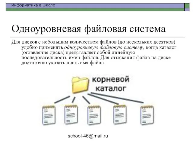 school-46@mail.ru Одноуровневая файловая система Для дисков с небольшим количеством файлов (до нескольких