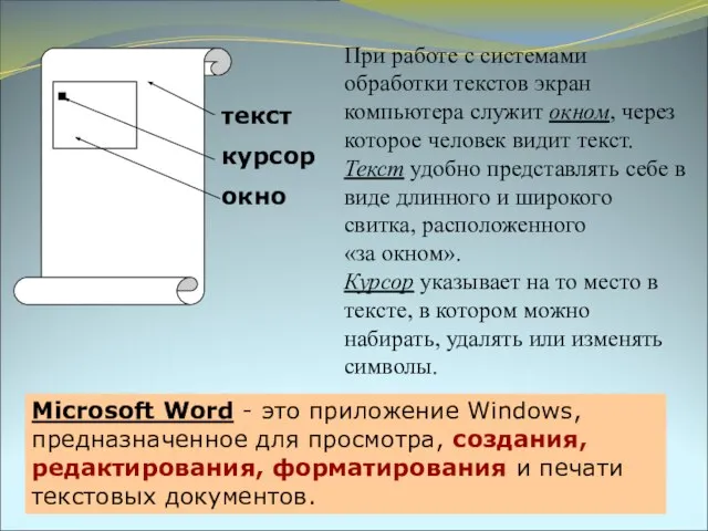 При работе с системами обработки текстов экран компьютера служит окном, через которое