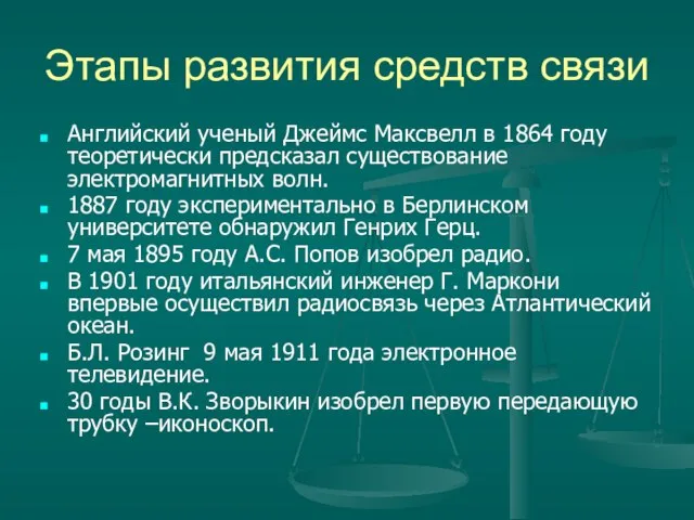 Этапы развития средств связи Английский ученый Джеймс Максвелл в 1864 году теоретически