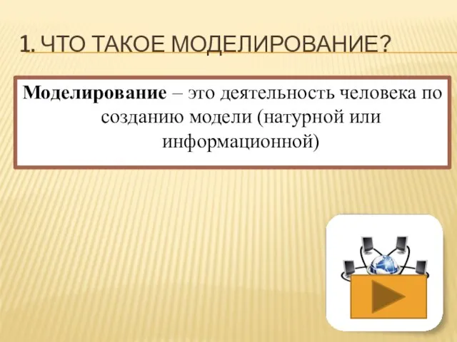 1. Что такое моделирование? Моделирование – это деятельность человека по созданию модели (натурной или информационной)