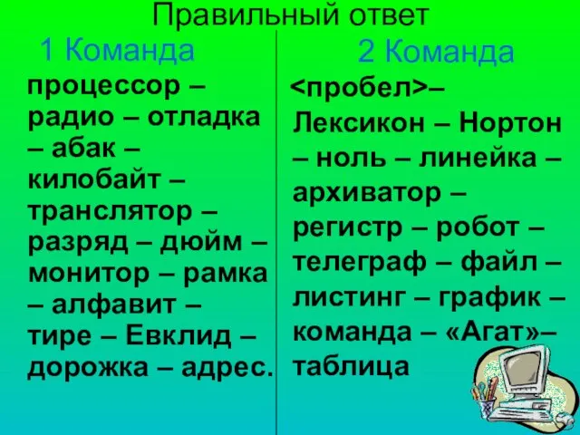 Правильный ответ процессор – радио – отладка – абак – килобайт –