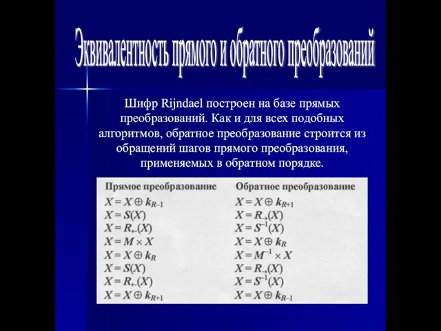 Эквивалентность прямого и обратного преобразований Шифр Rijndael построен на базе прямых преобразований.