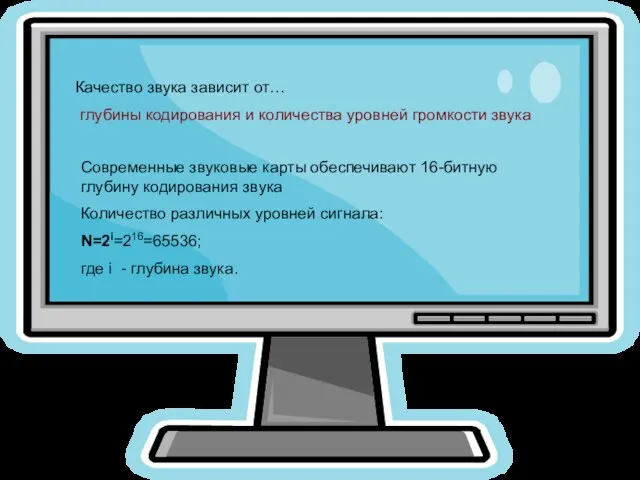 Качество звука зависит от… глубины кодирования и количества уровней громкости звука Современные