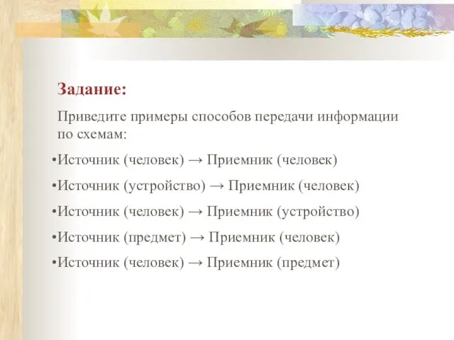 Задание: Приведите примеры способов передачи информации по схемам: Источник (человек) → Приемник