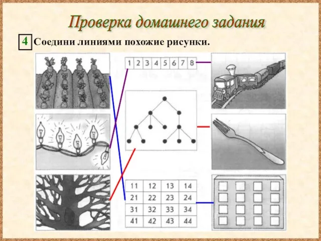 Проверка домашнего задания 4 Соедини линиями похожие рисунки.