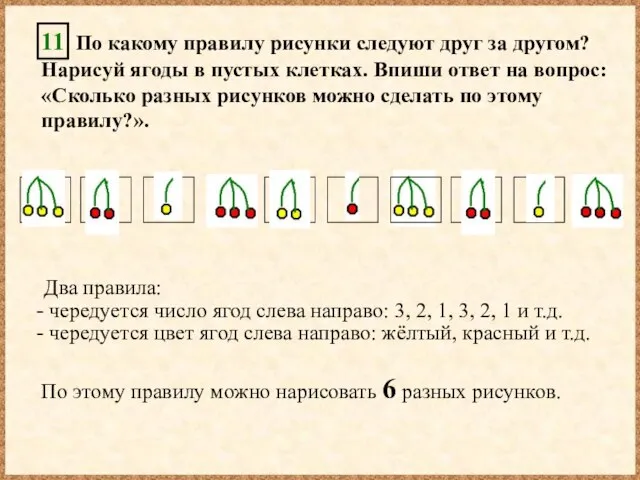 11 По какому правилу рисунки следуют друг за другом? Нарисуй ягоды в