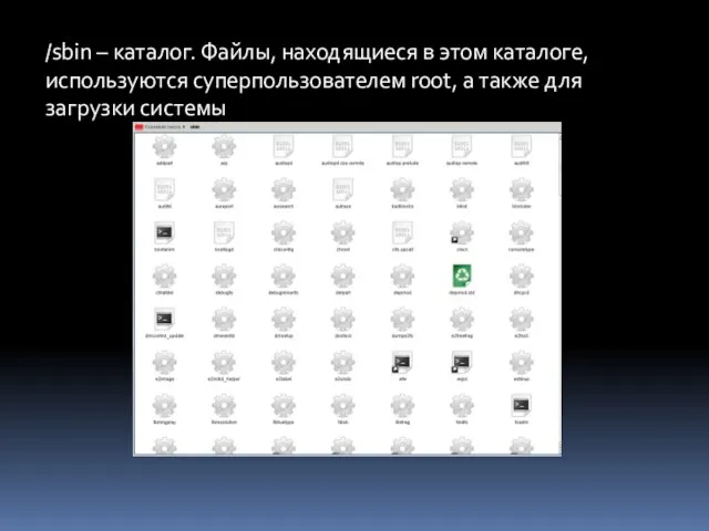 /sbin – каталог. Файлы, находящиеся в этом каталоге, используются суперпользователем root, а также для загрузки системы