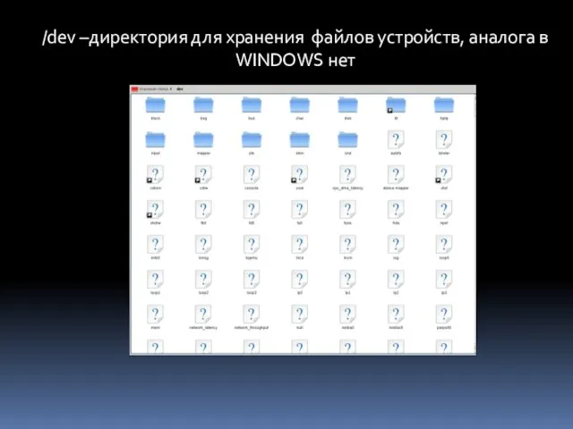 /dev –директория для хранения файлов устройств, аналога в WINDOWS нет