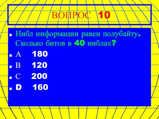 ВОПРОС 10 Нибл информации равен полубайту.Сколько битов в 40 ниблах? А 180