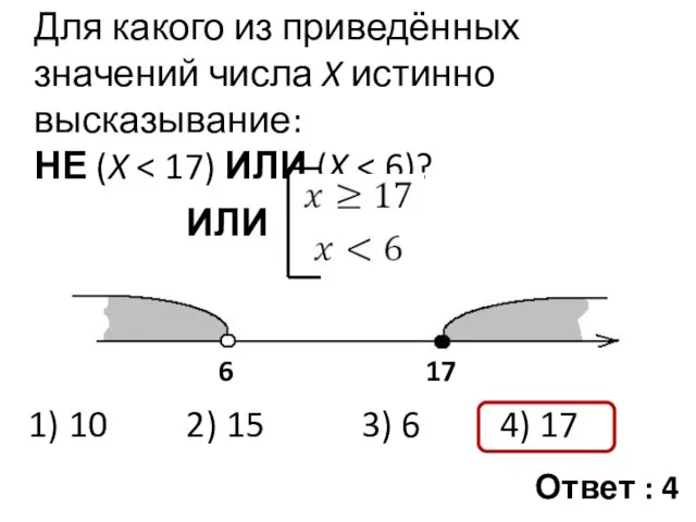 Для какого из приведённых значений числа X истинно высказывание: НЕ (X ИЛИ