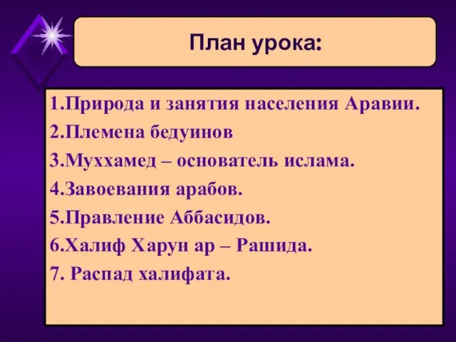 1.Природа и занятия населения Аравии. 2.Племена бедуинов 3.Муххамед – основатель ислама. 4.Завоевания