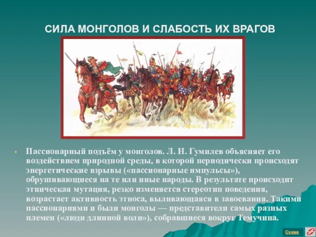 СИЛА МОНГОЛОВ И СЛАБОСТЬ ИХ ВРАГОВ Пассионарный подъём у монголов. Л. Н.