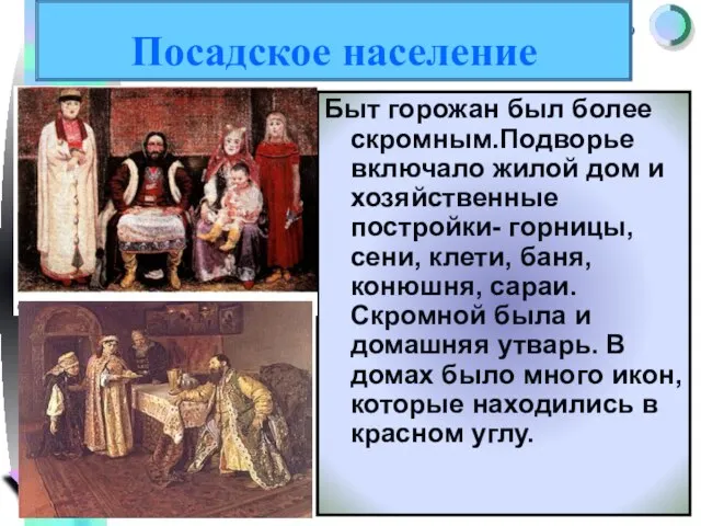 Быт горожан был более скромным.Подворье включало жилой дом и хозяйственные постройки- горницы,