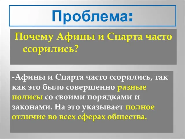 Проблема: Почему Афины и Спарта часто ссорились? -Афины и Спарта часто ссорились,