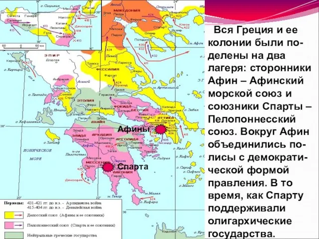 Спарта Афины Вся Греция и ее колонии были по-делены на два лагеря: