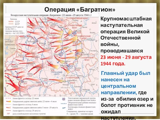 Операция «Багратион» Крупномасштабная наступательная операция Великой Отечественной войны, проводившаяся 23 июня -