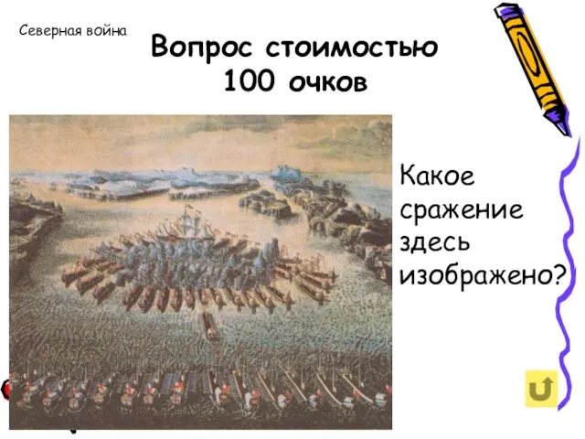 Вопрос стоимостью 100 очков Северная война Какое сражение здесь изображено?