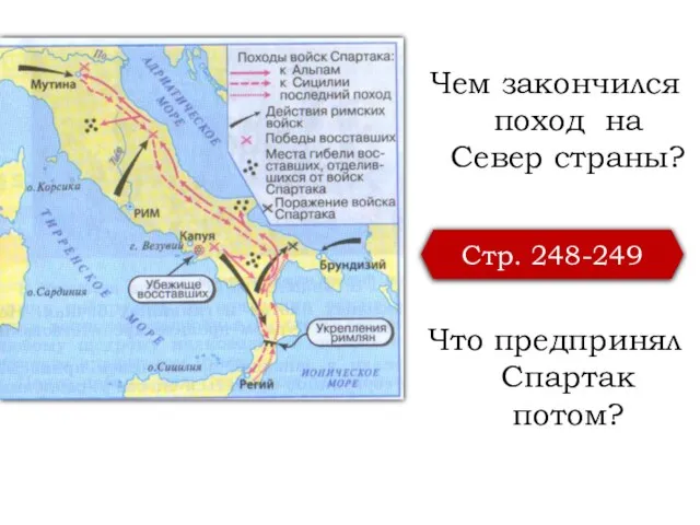 Чем закончился поход на Север страны? Стр. 248-249 Что предпринял Спартак потом?