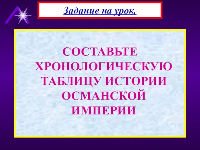 СОСТАВЬТЕ ХРОНОЛОГИЧЕСКУЮ ТАБЛИЦУ ИСТОРИИ ОСМАНСКОЙ ИМПЕРИИ Задание на урок.