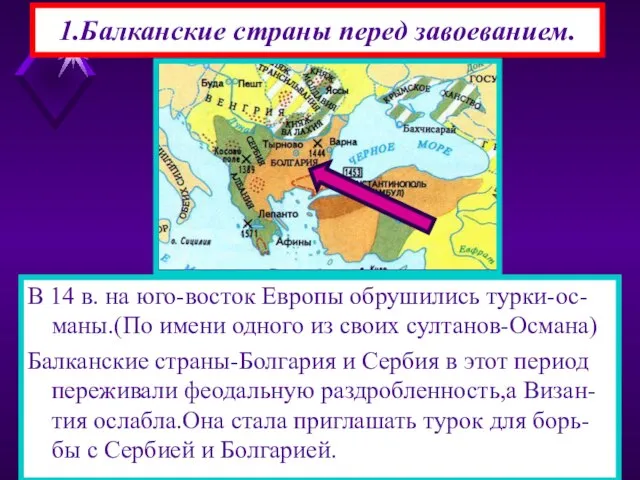 1.Балканские страны перед завоеванием. В 14 в. на юго-восток Европы обрушились турки-ос-маны.(По