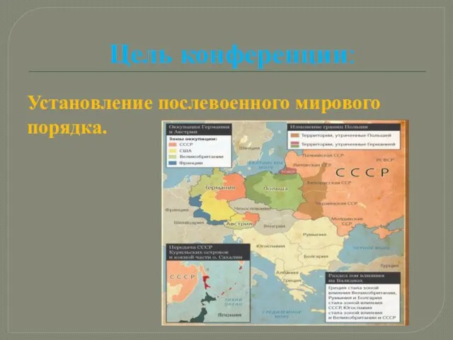 Цель конференции: Установление послевоенного мирового порядка.