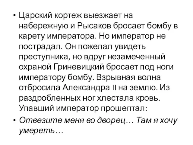 Царский кортеж выезжает на набережную и Рысаков бросает бомбу в карету императора.