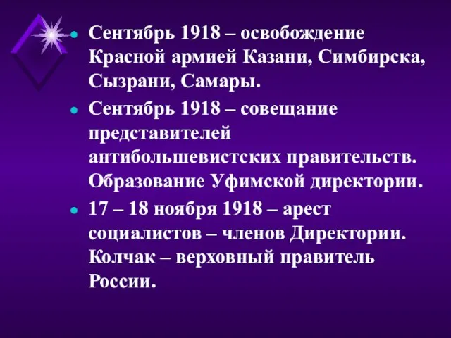 Сентябрь 1918 – освобождение Красной армией Казани, Симбирска, Сызрани, Самары. Сентябрь 1918