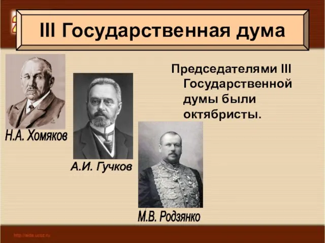 Председателями III Государственной думы были октябристы. III Государственная дума Н.А. Хомяков А.И. Гучков М.В. Родзянко