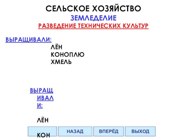 СЕЛЬСКОЕ ХОЗЯЙСТВО ЗЕМЛЕДЕЛИЕ РАЗВЕДЕНИЕ ТЕХНИЧЕСКИХ КУЛЬТУР ВЫРАЩИВАЛИ: ЛЁН КОНОПЛЮ ХМЕЛЬ ВПЕРЁД ВЫХОД