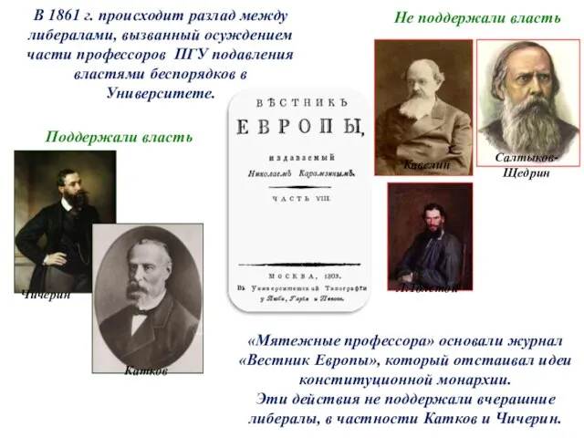 «Мятежные профессора» основали журнал «Вестник Европы», который отстаивал идеи конституционной монархии. Эти