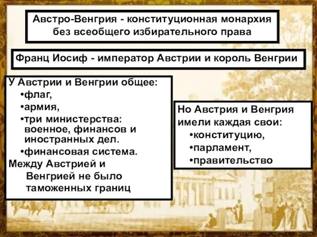 Австро-Венгрия - конституционная монархия без всеобщего избирательного права Франц Иосиф - император