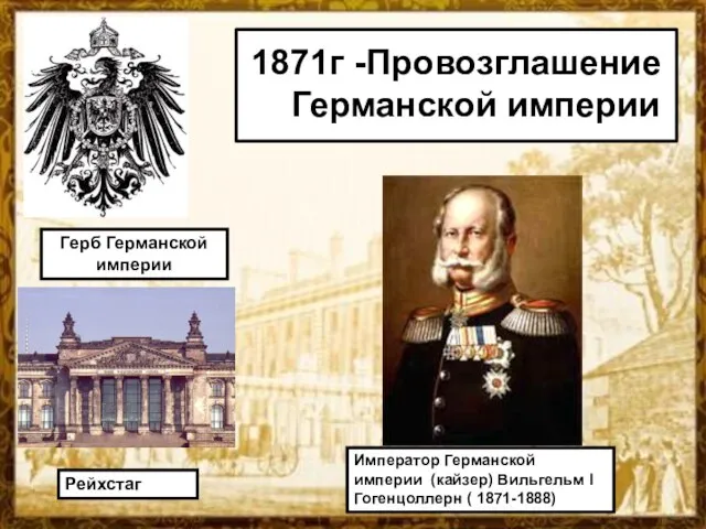 1871г -Провозглашение Германской империи Император Германской империи (кайзер) Вильгельм I Гогенцоллерн (