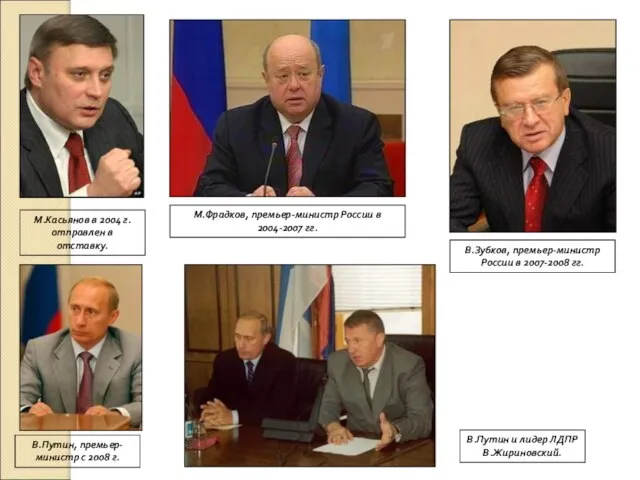 М.Касьянов в 2004 г. отправлен в отставку. М.Фрадков, премьер-министр России в 2004-2007