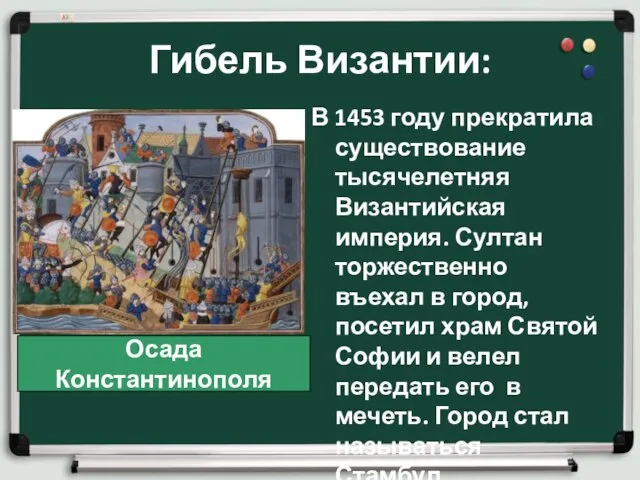 Гибель Византии: В 1453 году прекратила существование тысячелетняя Византийская империя. Султан торжественно