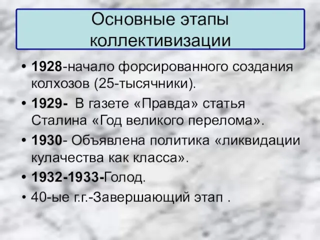 Основные этапы коллективизации 1928-начало форсированного создания колхозов (25-тысячники). 1929- В газете «Правда»