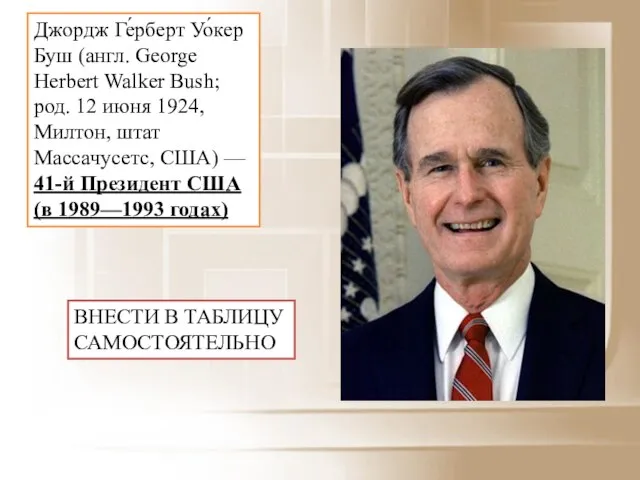 Джордж Ге́рберт Уо́кер Буш (англ. George Herbert Walker Bush; род. 12 июня