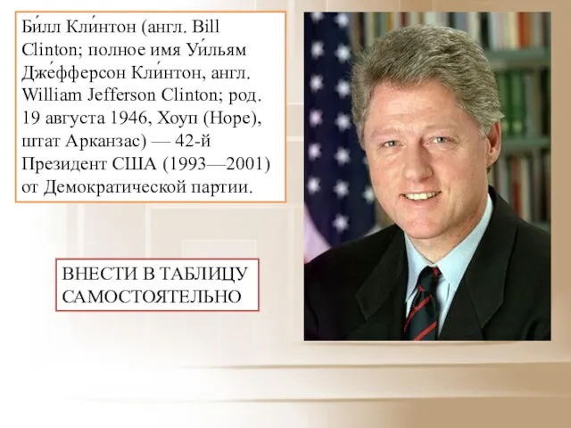 Би́лл Кли́нтон (англ. Bill Clinton; полное имя Уи́льям Дже́фферсон Кли́нтон, англ. William