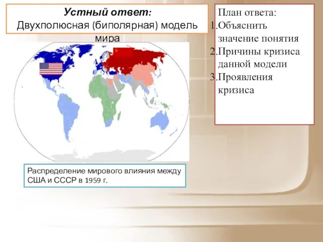 Устный ответ: Двухполюсная (биполярная) модель мира План ответа: Объяснить значение понятия Причины