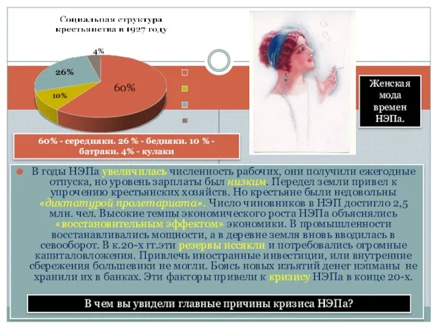 В годы НЭПа увеличилась численность рабочих, они получили ежегодные отпуска, но уровень