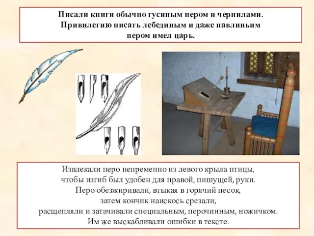 Писали книги обычно гусиным пером и чернилами. Привилегию писать лебединым и даже