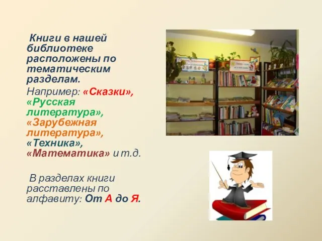 Книги в нашей библиотеке расположены по тематическим разделам. Например: «Сказки», «Русская литература»,