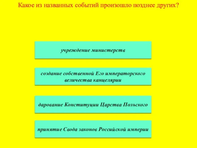 Какое из названных событий произошло позднее других? учреждение министерств создание собственной Его