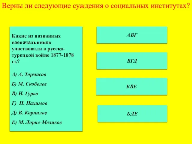 Верны ли следующие суждения о социальных институтах? АВГ ВГД БДЕ БВЕ Какие