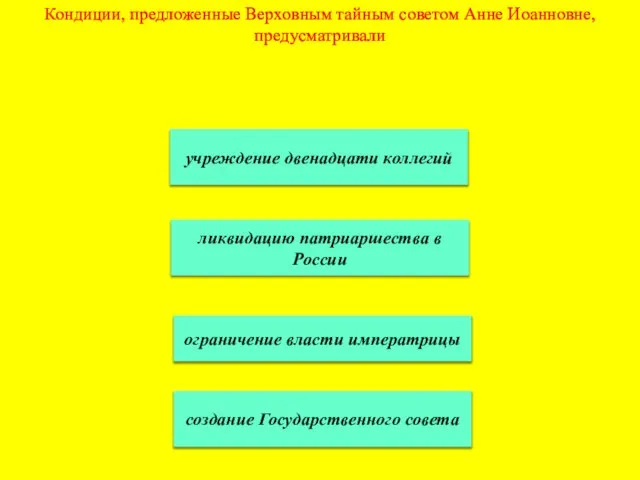 Кондиции, предложенные Верховным тайным советом Анне Иоанновне, предусматривали учреждение двенадцати коллегий ликвидацию